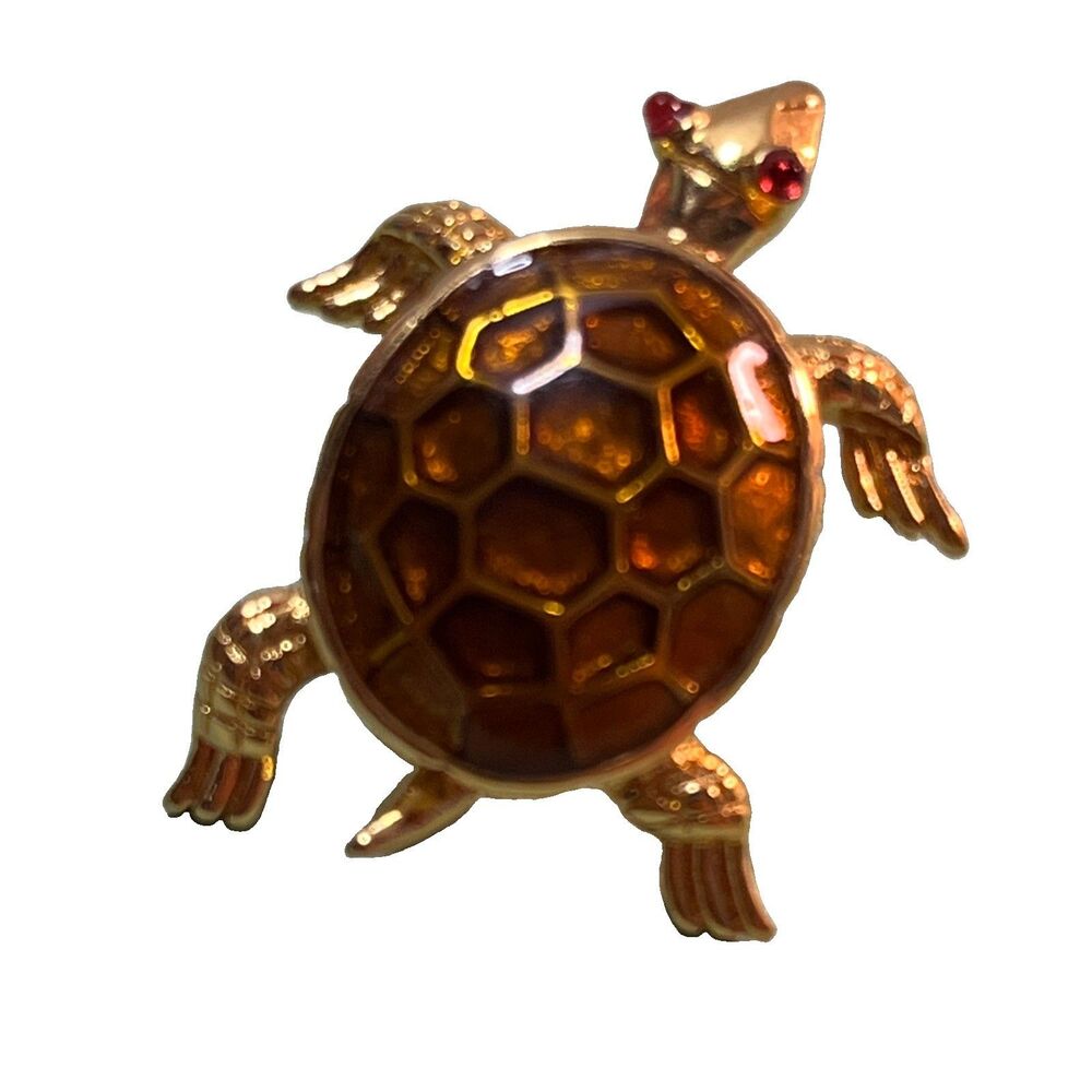 Trifari Sea Turtle Lapel Pin Gold Tone w/ Brown Shell & Cabochon Eyes